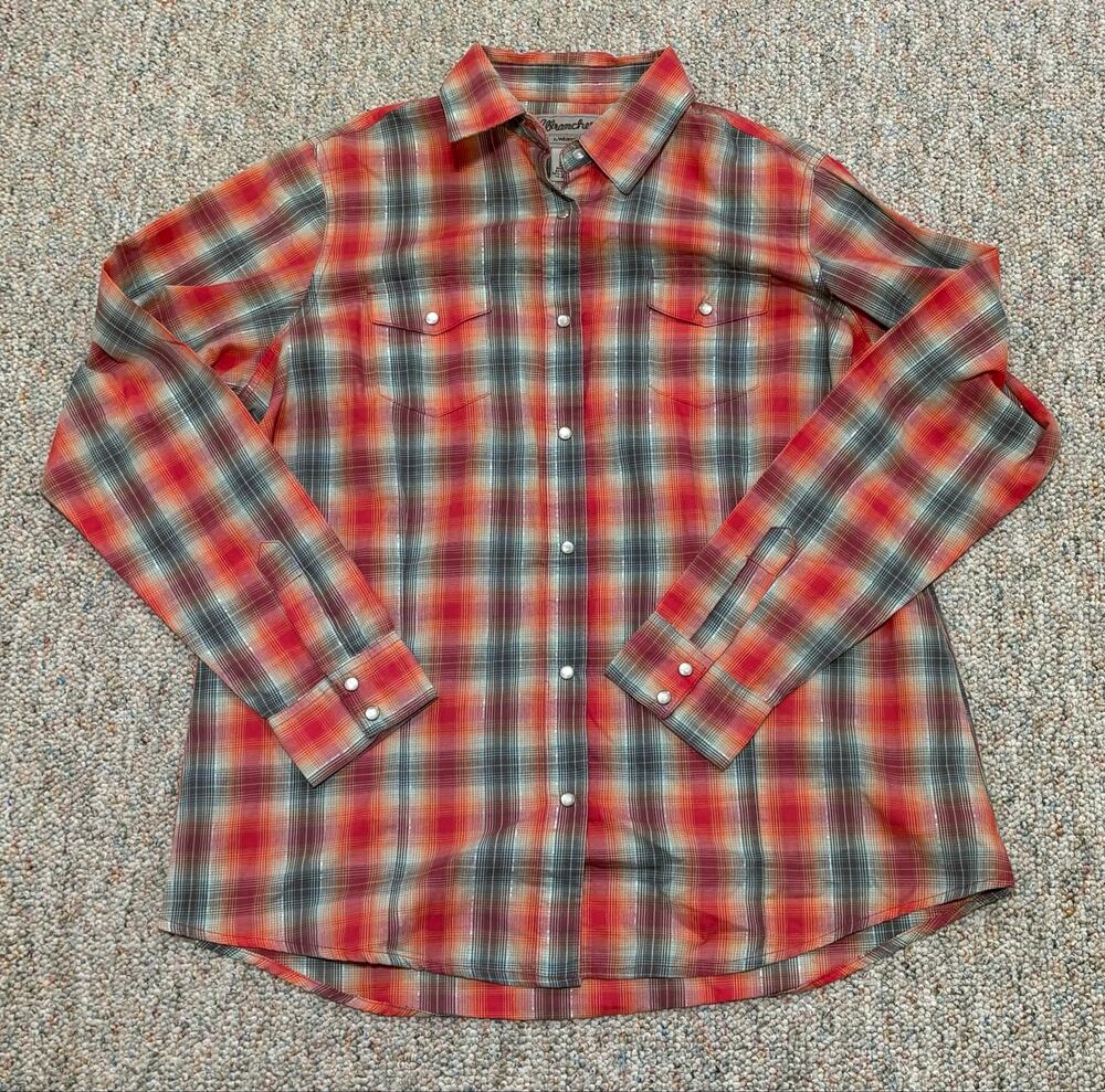 Wrangler Wrancher Cotton Polyester Long Sleeve Shirt Plaid Size Large Plaid